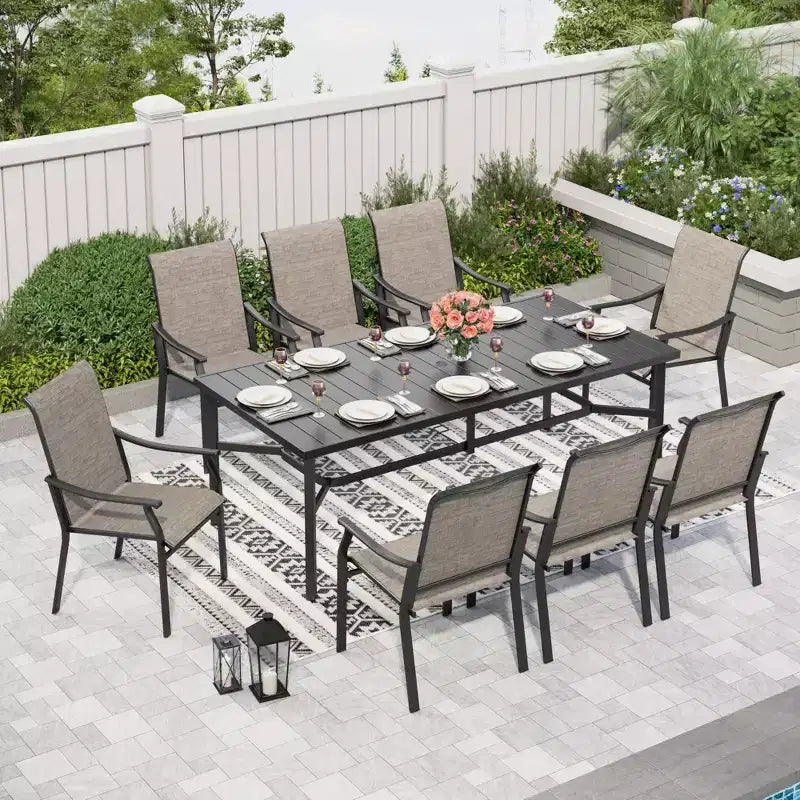 Captiva Designs Ensemble repas de jardin 9 pièces : table rectangulaire en acier noir et chaises fixes en textilène marron