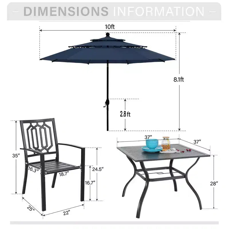 Captiva Designs Ensemble de salle à manger d'extérieur 6 pièces avec table carrée en acier, chaises empilables en métal et parasol de marché