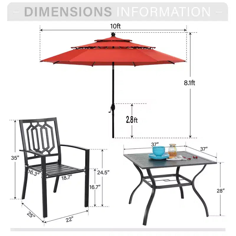 Captiva Designs Ensemble de salle à manger d'extérieur 6 pièces avec table carrée en acier, chaises empilables en métal et parasol de marché