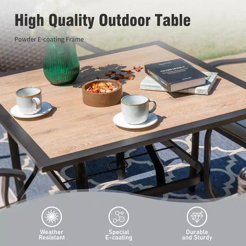 Captiva Designs Ensemble de salle à manger d'extérieur 6 pièces avec table carrée en acier, chaises empilables en métal et parasol de marché