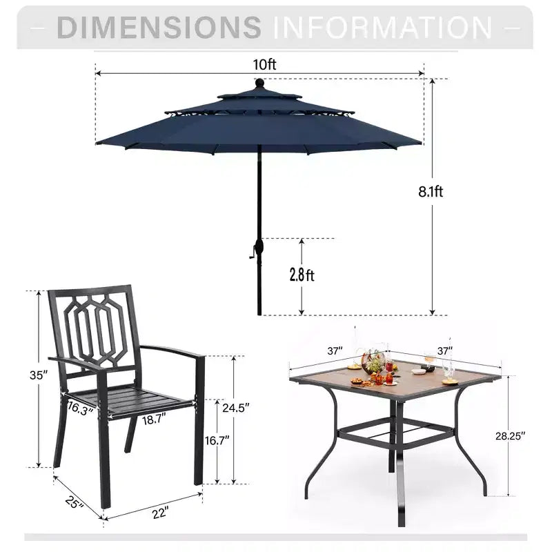 Captiva Designs Ensemble de salle à manger d'extérieur 6 pièces avec table carrée en acier, chaises empilables en métal et parasol de marché