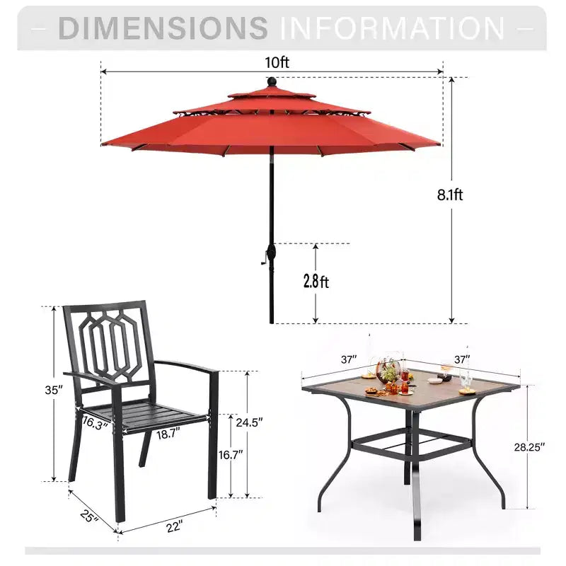Captiva Designs Ensemble de salle à manger d'extérieur 6 pièces avec table carrée en acier, chaises empilables en métal et parasol de marché