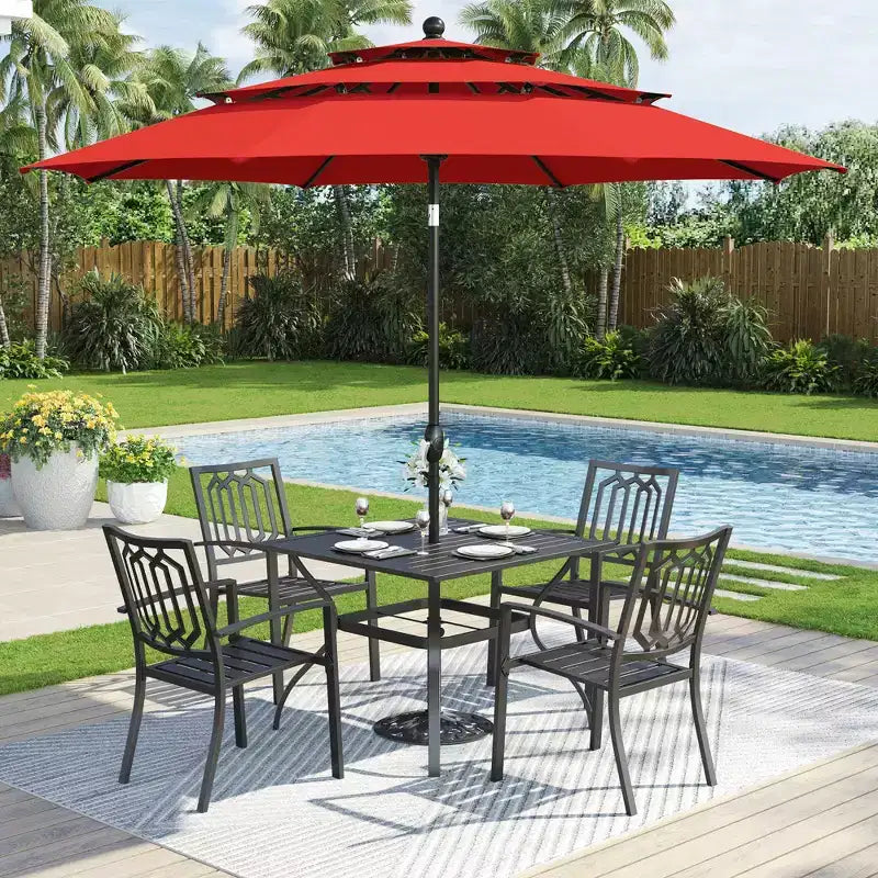 Captiva Designs Ensemble de salle à manger d'extérieur 6 pièces avec table carrée en acier, chaises empilables en métal et parasol de marché