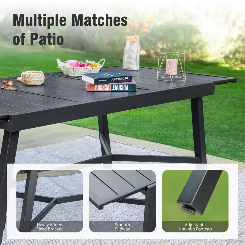 Captiva Designs 9pc Patio Slat-top Adjustable Steel Rectangle Table & Stylish Arm Chairs with Cushions