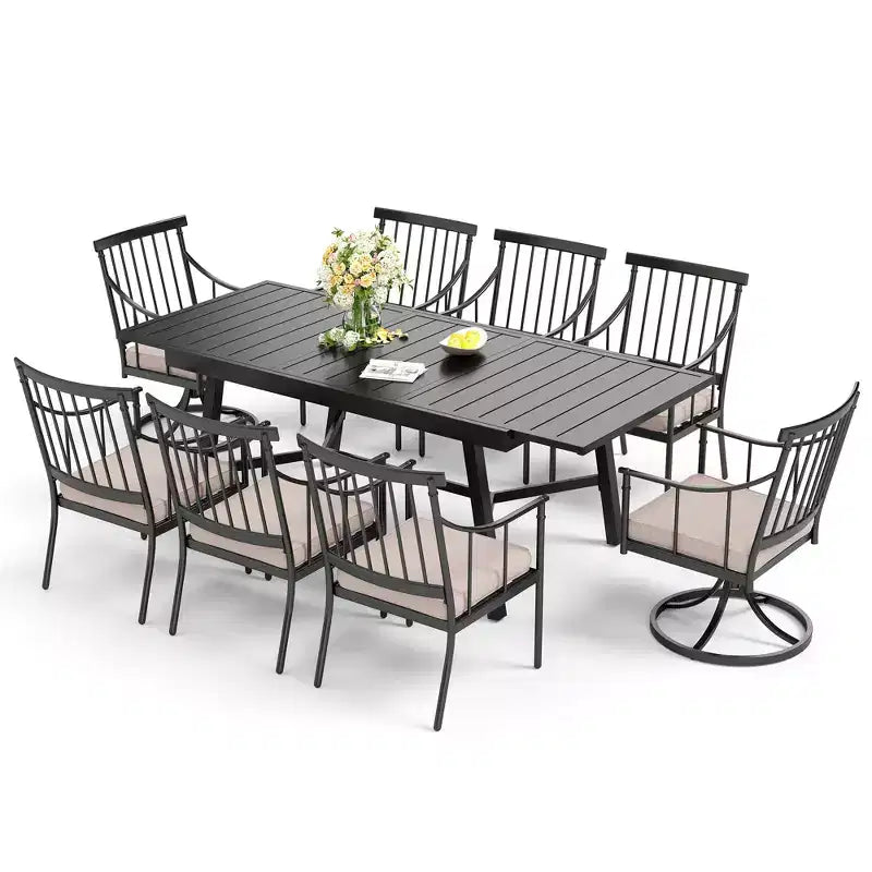 Captiva Designs – Ensemble de patio 9 pièces avec table rectangulaire en acier à lattes réglable et chaises élégantes avec coussins