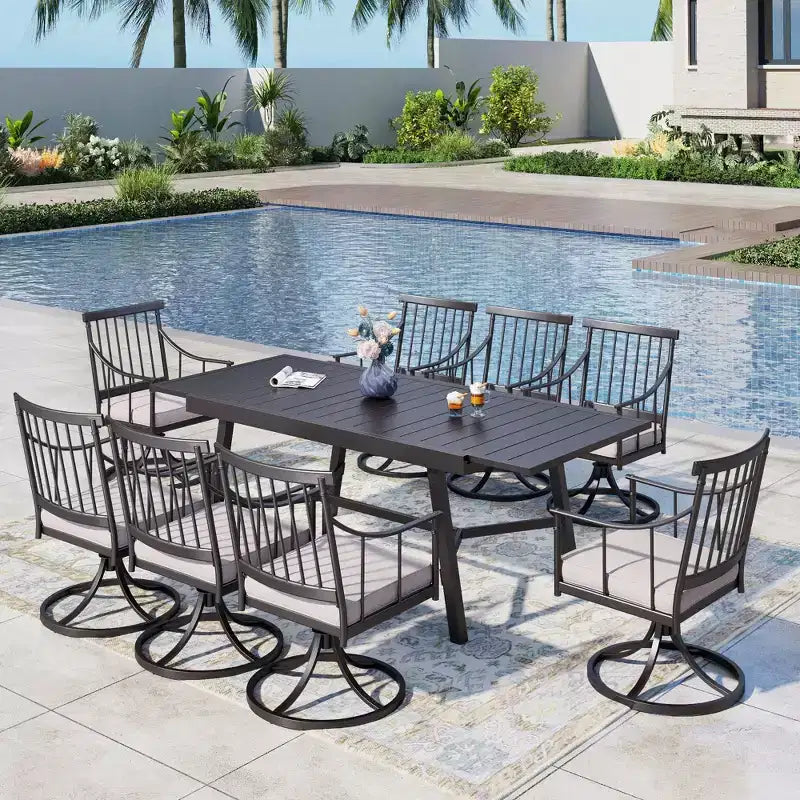 Captiva Designs – Ensemble de patio 9 pièces avec table rectangulaire en acier à lattes réglable et chaises élégantes avec coussins