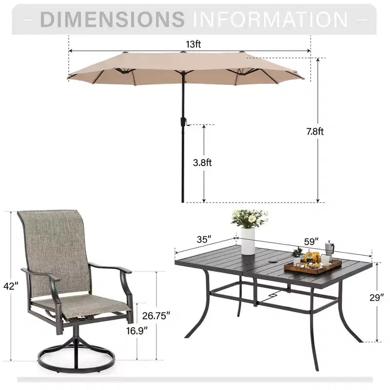 Captiva Desighttps 8pc Patio Dining Slat-top Rectangular Steel Table & Padded Sling Swivel Chairs & Market Umbrella