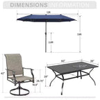 Captiva Desighttps 8pc Patio Dining Slat-top Rectangular Steel Table & Padded Sling Swivel Chairs & Market Umbrella