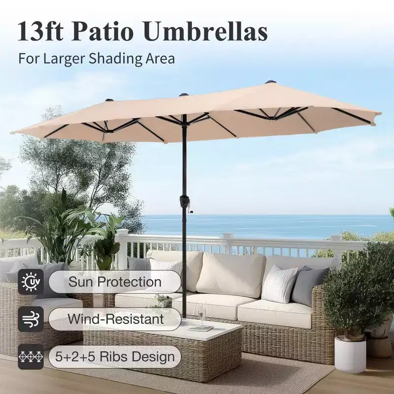 Captiva Desighttps 8pc Patio Dining Slat-top Rectangular Steel Table & Padded Sling Swivel Chairs & Market Umbrella