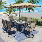 Captiva Desighttps 8pc Patio Dining Slat-top Rectangular Steel Table & Padded Sling Swivel Chairs & Market Umbrella