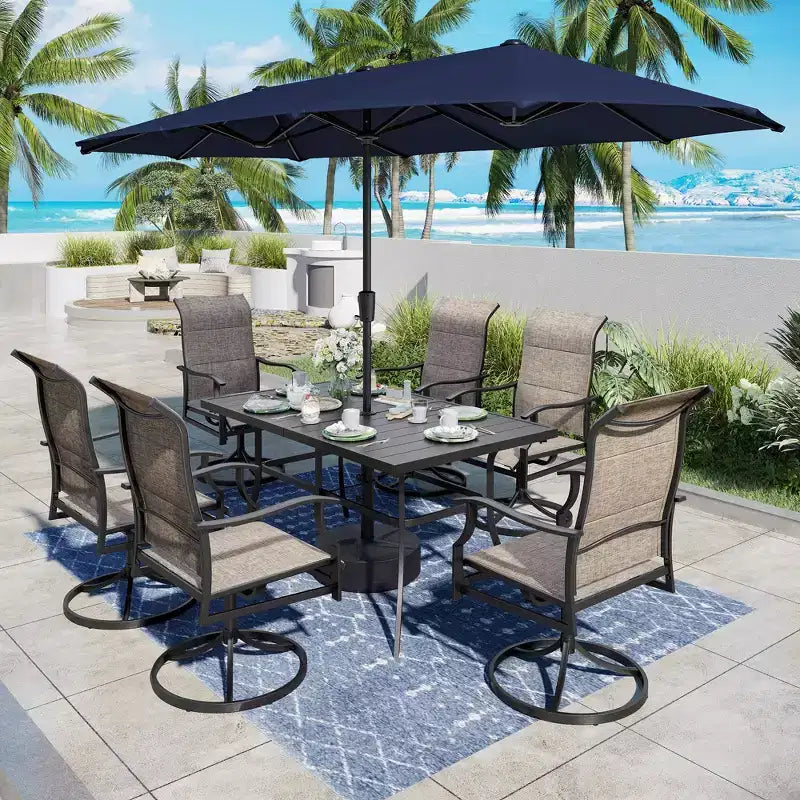 Captiva Desighttps Ensemble de salle à manger de patio 8 pièces comprenant une table rectangulaire en acier à lattes, des chaises pivotantes rembourrées en textilène et un parasol de marché