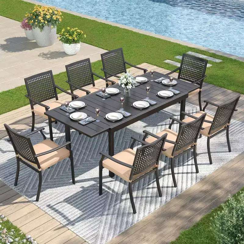 Captiva Designs 9pc Patio Adjustable Steel Rectangle Dining Table & Metal Chairs with Bull's Eye Pattern