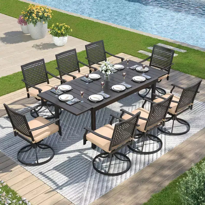 Captiva Designs Table de salle à manger rectangulaire et chaises en métal réglables 9 pièces en acier avec motif œil de bœuf
