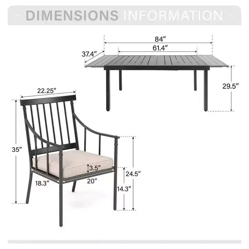 Ensemble repas de jardin 9 pièces Captiva Designs avec table rectangulaire en acier réglable à plateau à lattes et fauteuils élégants en métal