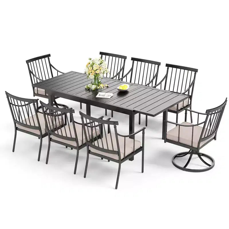 Ensemble repas de jardin 9 pièces Captiva Designs avec table rectangulaire en acier réglable à plateau à lattes et fauteuils élégants en métal