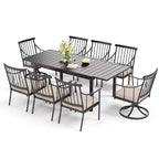 Ensemble repas de jardin 9 pièces Captiva Designs avec table rectangulaire en acier réglable à plateau à lattes et fauteuils élégants en métal