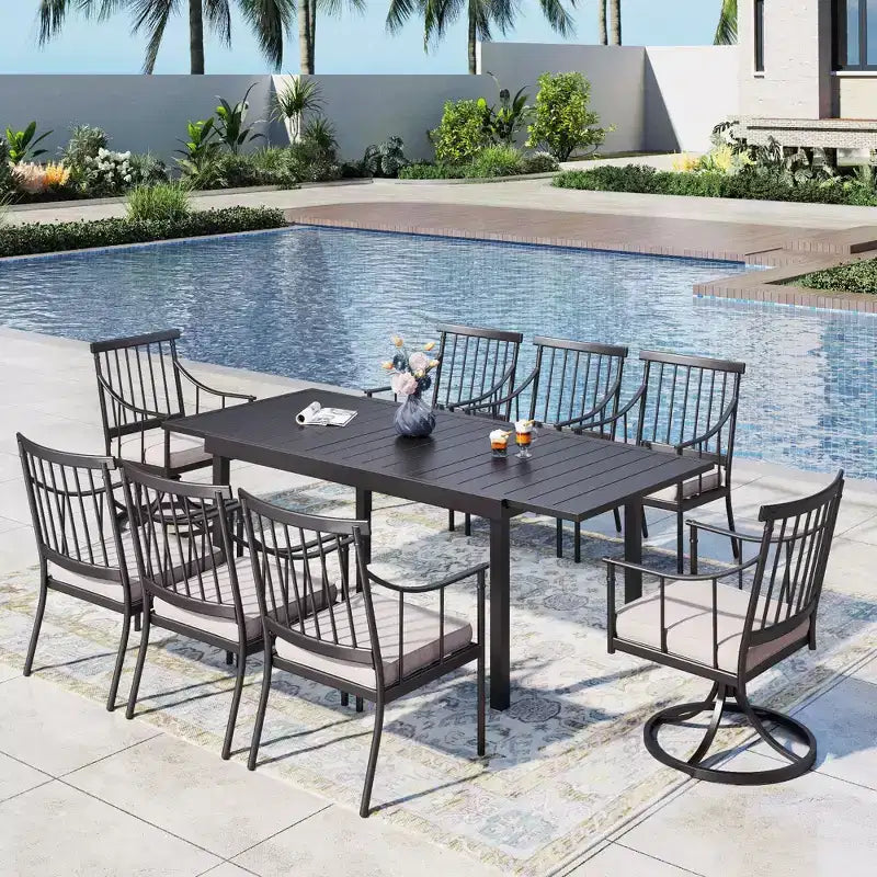 Ensemble repas de jardin 9 pièces Captiva Designs avec table rectangulaire en acier réglable à plateau à lattes et fauteuils élégants en métal
