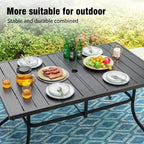 Captiva Designs 7pc Patio Dining Slat-top Steel Table & Beige Rattan Chairs with Cushions