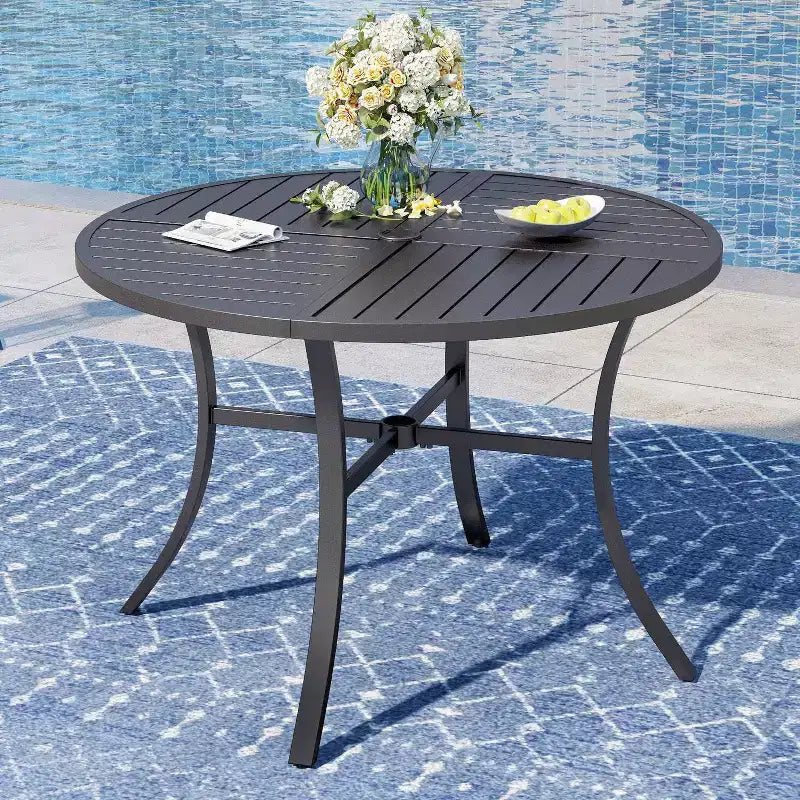 Captiva Designs 7pc Patio Dining Slat-top Steel Table & Beige Rattan Chairs with Cushions