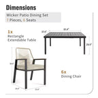 Captiva Designs 7pc Patio Dining Slat-top Steel Table & Beige Rattan Chairs with Cushions