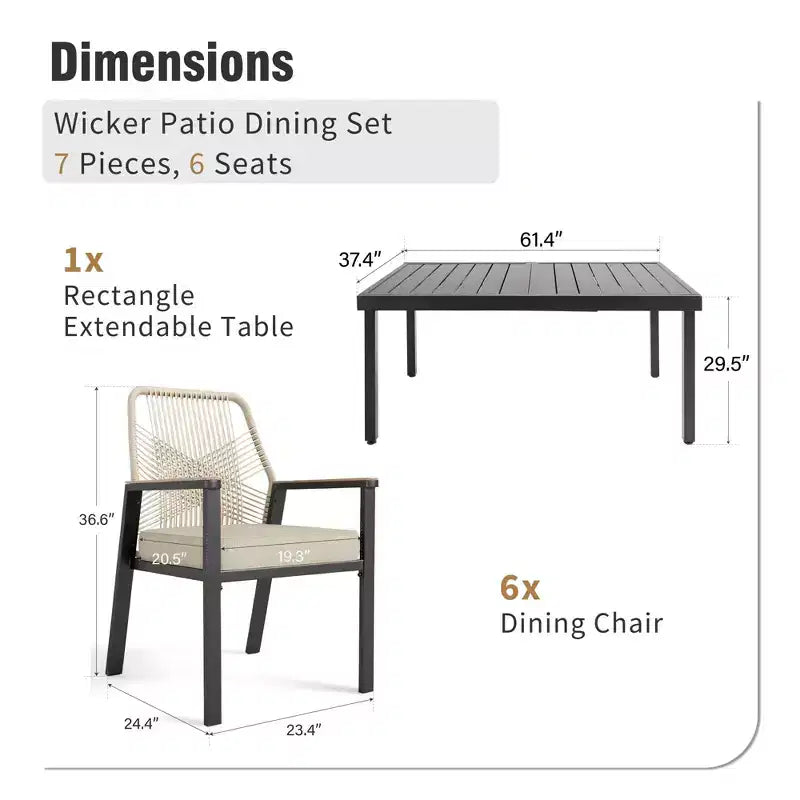 Captiva Designs 7pc Patio Dining Slat-top Steel Table & Beige Rattan Chairs with Cushions