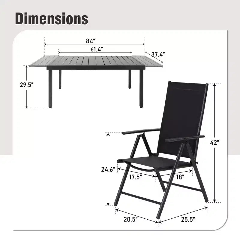 Captiva Designs 9pc Patio Dining Set with Slat-top Adjustable Steel Rectangle Table & Sling Foldable Chair
