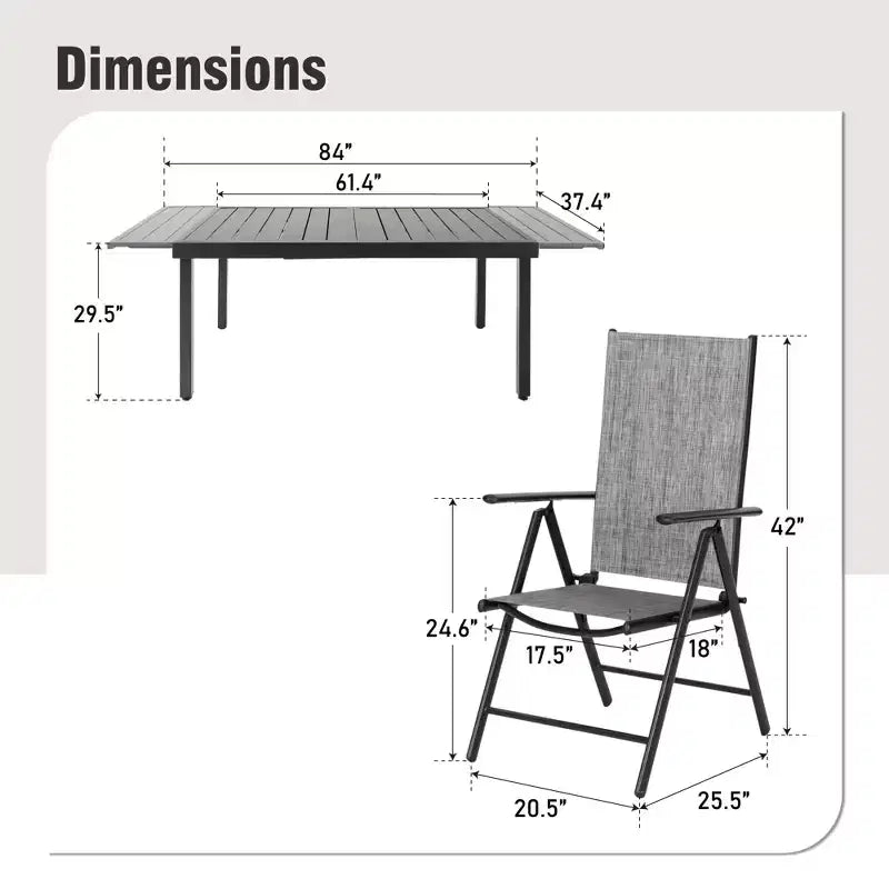 Captiva Designs 9pc Patio Dining Set with Slat-top Adjustable Steel Rectangle Table & Sling Foldable Chair