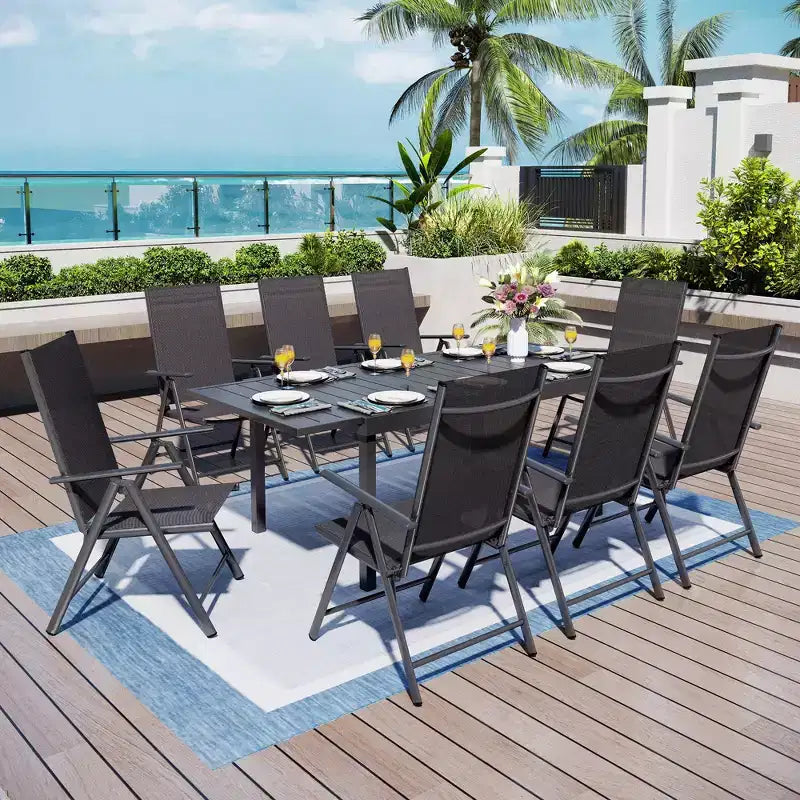 Ensemble de salle à manger d'extérieur Captiva Designs 9 pièces avec table rectangulaire en acier réglable à lattes et chaises pliantes en textilène