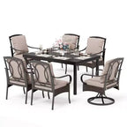 Ensemble de salle à manger d'extérieur Captiva Designs 7 pièces avec table rectangulaire à lattes, chaises fixes en rotin et métal et fauteuils pivotants