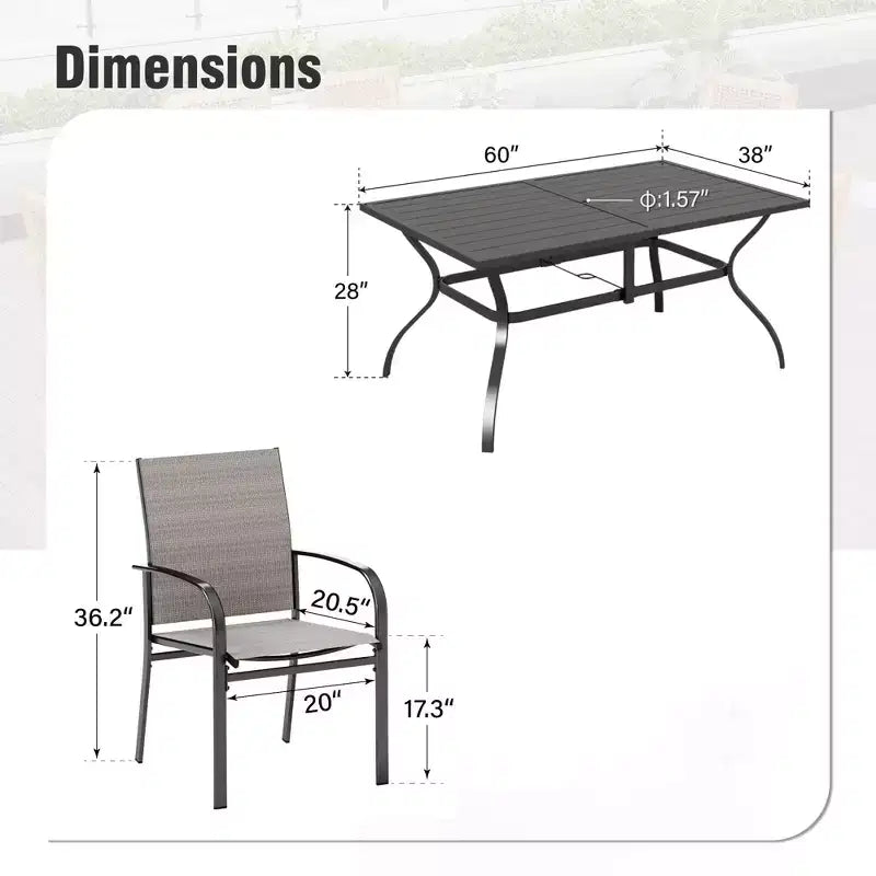 Captiva Designs 7pc Patio Dining Set with Slat-top Rectangle Table & Sling Fixed Chairs