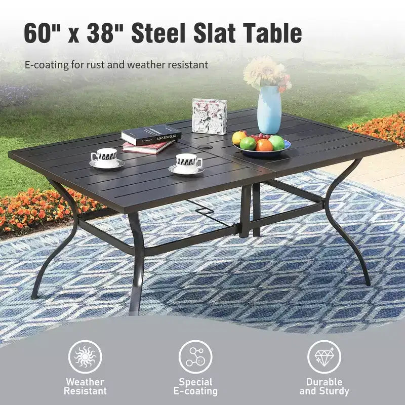Captiva Designs 7pc Patio Dining Set with Slat-top Rectangle Table & Sling Fixed Chairs