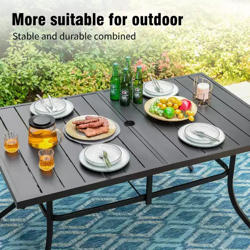 Ensemble repas d'extérieur 7 pièces Captiva Designs avec table rectangulaire à lattes et chaises de salle à manger fixes en textilène