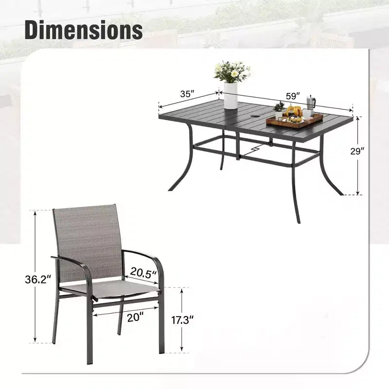 Ensemble repas d'extérieur 7 pièces Captiva Designs avec table rectangulaire à lattes et chaises de salle à manger fixes en textilène