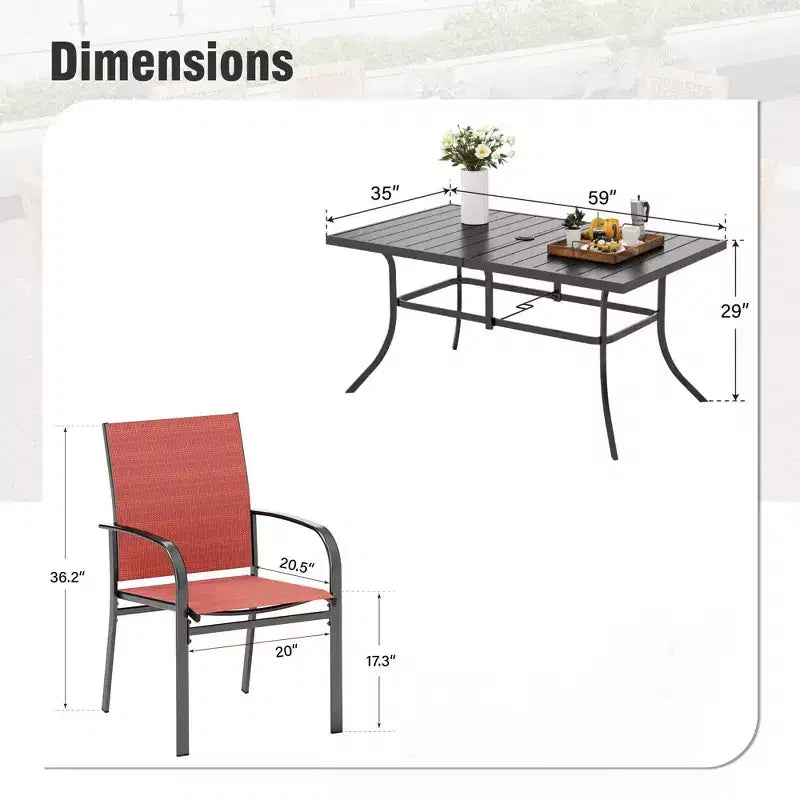 Ensemble repas d'extérieur 7 pièces Captiva Designs avec table rectangulaire à lattes et chaises de salle à manger fixes en textilène