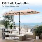 Captiva Designs 8pc Outdoor Patio Rectangle Steel Dining Table & Rattan Swivel Chairs & Beige Umbrella