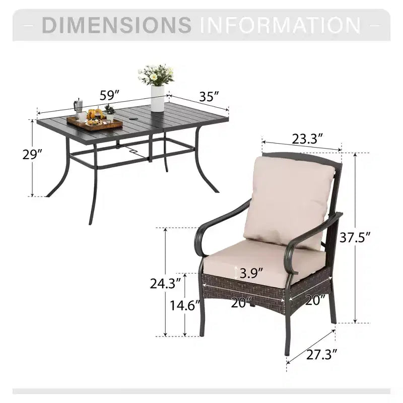 Ensemble repas d'extérieur 7 pièces Captiva Designs avec table rectangulaire en acier et chaises en rotin et métal à accoudoirs