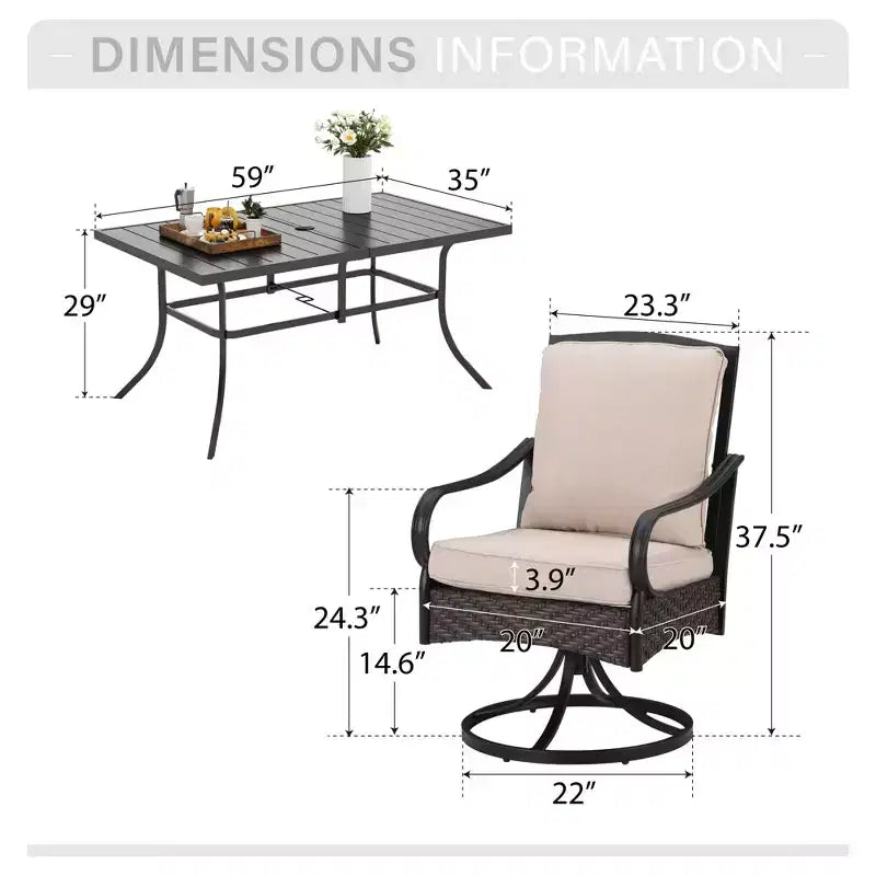Ensemble repas d'extérieur 7 pièces Captiva Designs avec table rectangulaire en acier et chaises en rotin et métal à accoudoirs