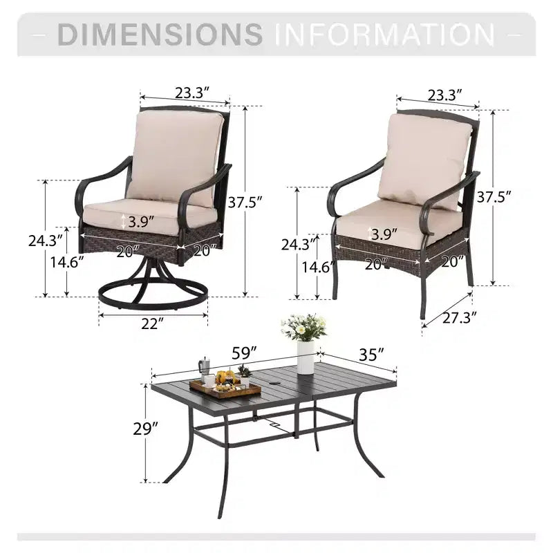 Ensemble repas d'extérieur 7 pièces Captiva Designs avec table rectangulaire en acier et chaises en rotin et métal à accoudoirs