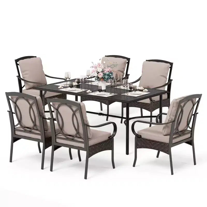 Ensemble repas d'extérieur 7 pièces Captiva Designs avec table rectangulaire en acier et chaises en rotin et métal à accoudoirs