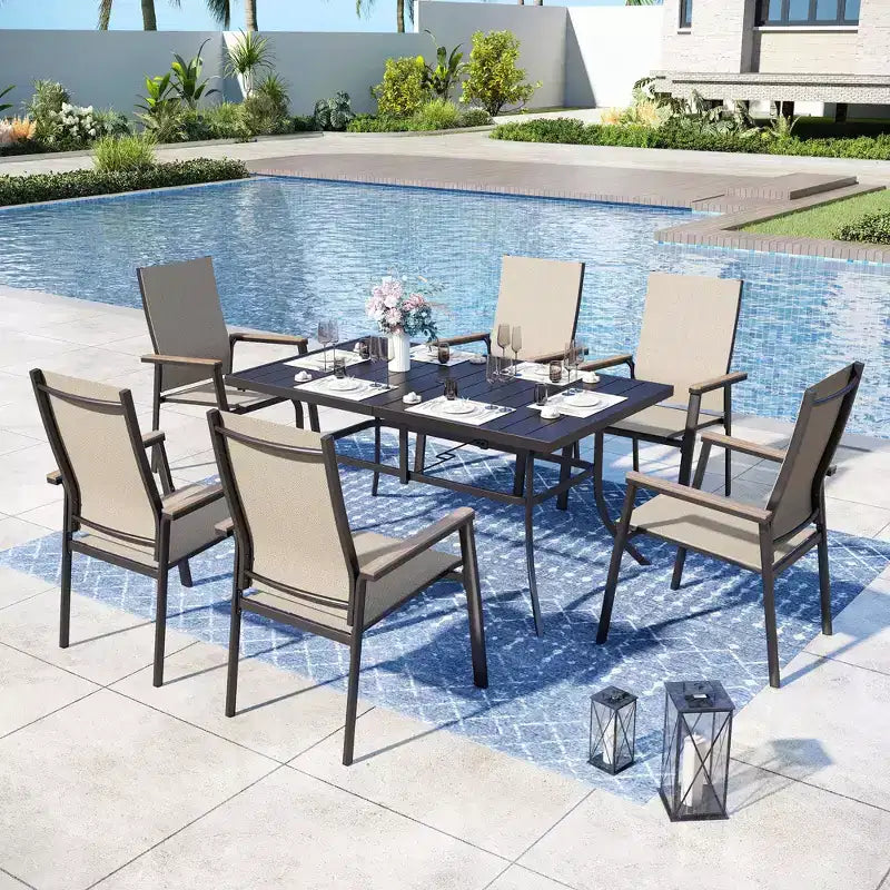 Ensemble de salle à manger d'extérieur 7 pièces Captiva Designs avec table rectangulaire en acier et chaises en textilène à cadre en aluminium