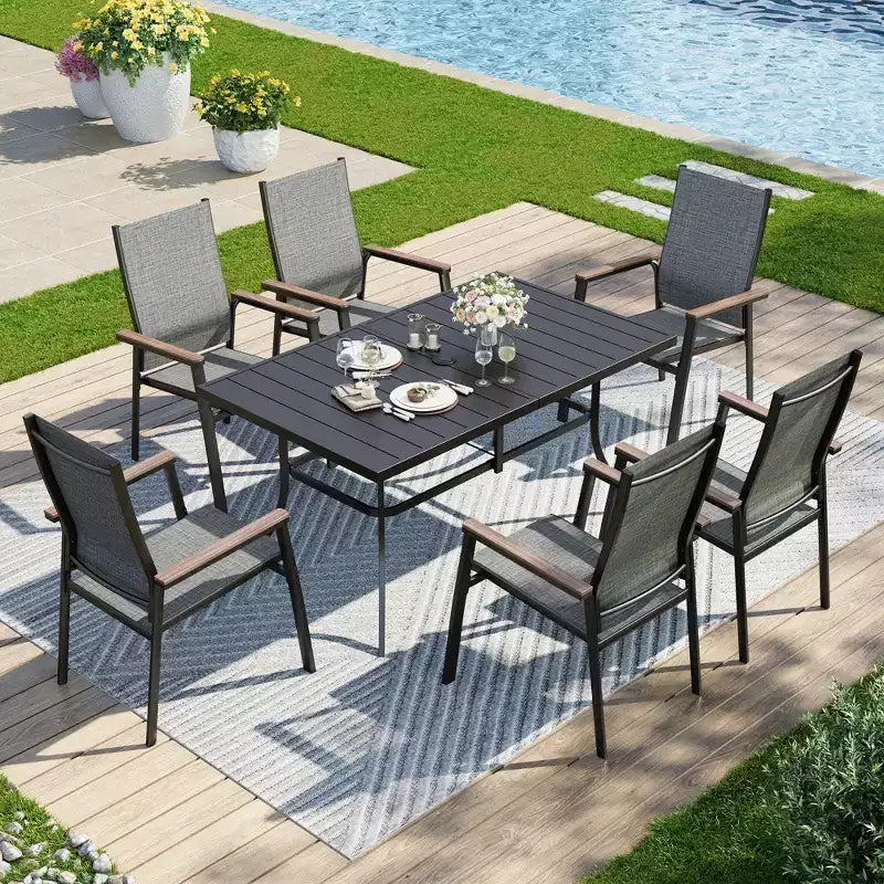 Ensemble de salle à manger d'extérieur 7 pièces Captiva Designs avec table rectangulaire en acier et chaises en textilène à cadre en aluminium