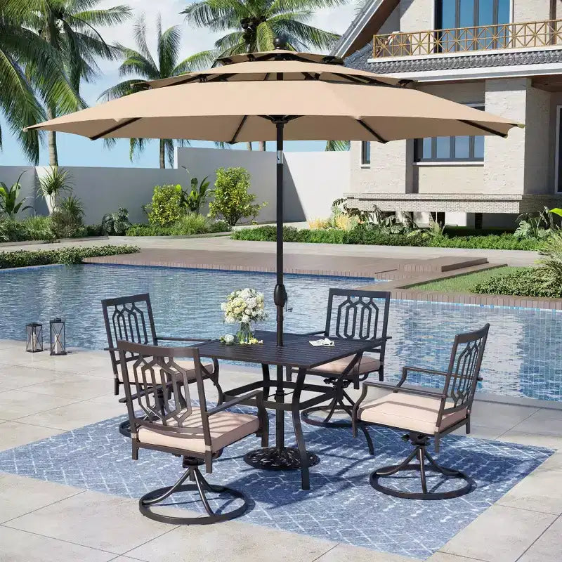 Captiva Designs Ensemble de 6 pièces : Table Carrée de Terrasse, Chaises en Métal à Dossier Fusiforme et Parasol Beige