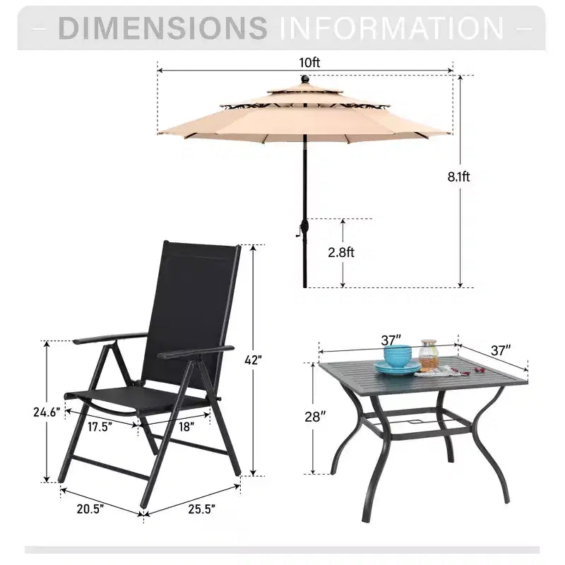 Captiva Designs – Ensemble de 6 pièces : Table carrée à lattes, chaises pliantes inclinables en textilène et parasol de marché