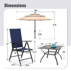Captiva Designs – Ensemble de 6 pièces : Table carrée à lattes, chaises pliantes inclinables en textilène et parasol de marché
