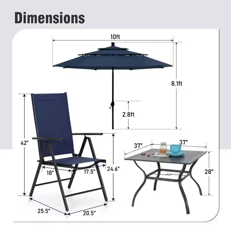 Captiva Designs – Ensemble de 6 pièces : Table carrée à lattes, chaises pliantes inclinables en textilène et parasol de marché