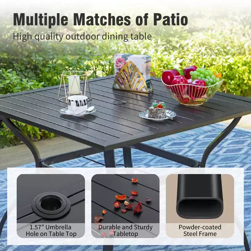 Captiva Designs – Ensemble de 6 pièces : Table carrée à lattes, chaises pliantes inclinables en textilène et parasol de marché