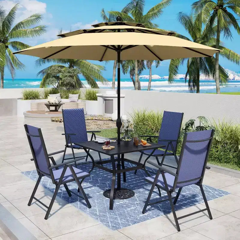 Captiva Designs – Ensemble de 6 pièces : Table carrée à lattes, chaises pliantes inclinables en textilène et parasol de marché