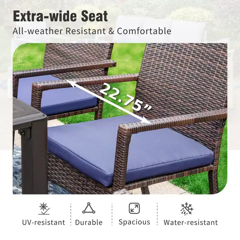 Captiva Designs 7pc Patio Slatted Top Steel Dining Table with Umbrella Hole & Cushioned Armrest Rattan Chairs
