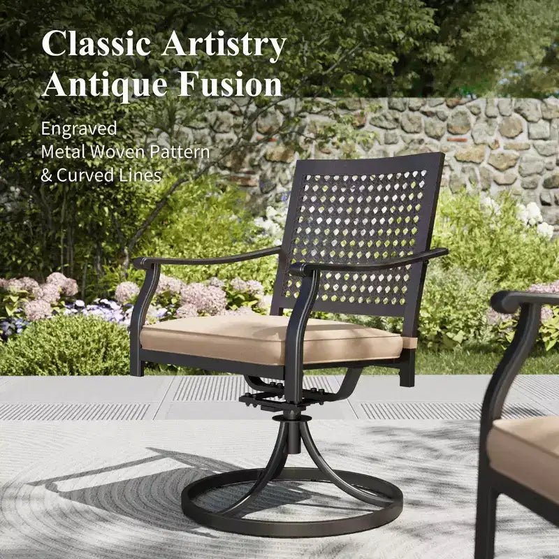 Captiva Designs Ensemble de 7 pièces de salle à manger d'extérieur en acier aspect bois avec trou pour parasol et chaises empilables à motif cible