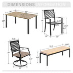 Captiva Designs 6pc Outdoor Patio Slat-top Steel Dining Table & Metal Chairs & Cushioned Bench
